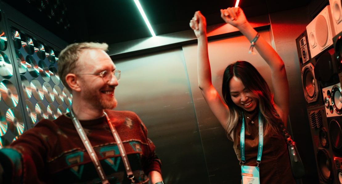 Conference attendees in elevator