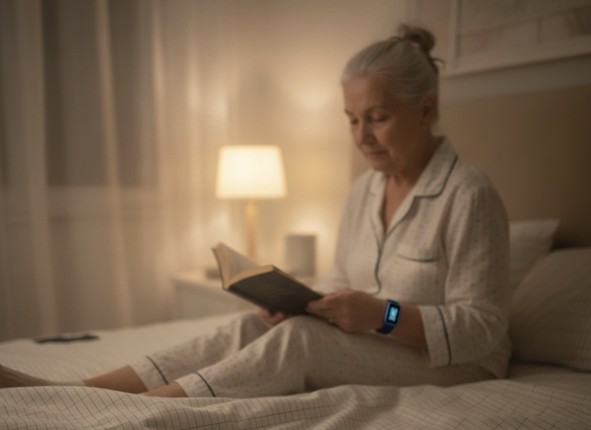 Woman with Fitbit reading in bed