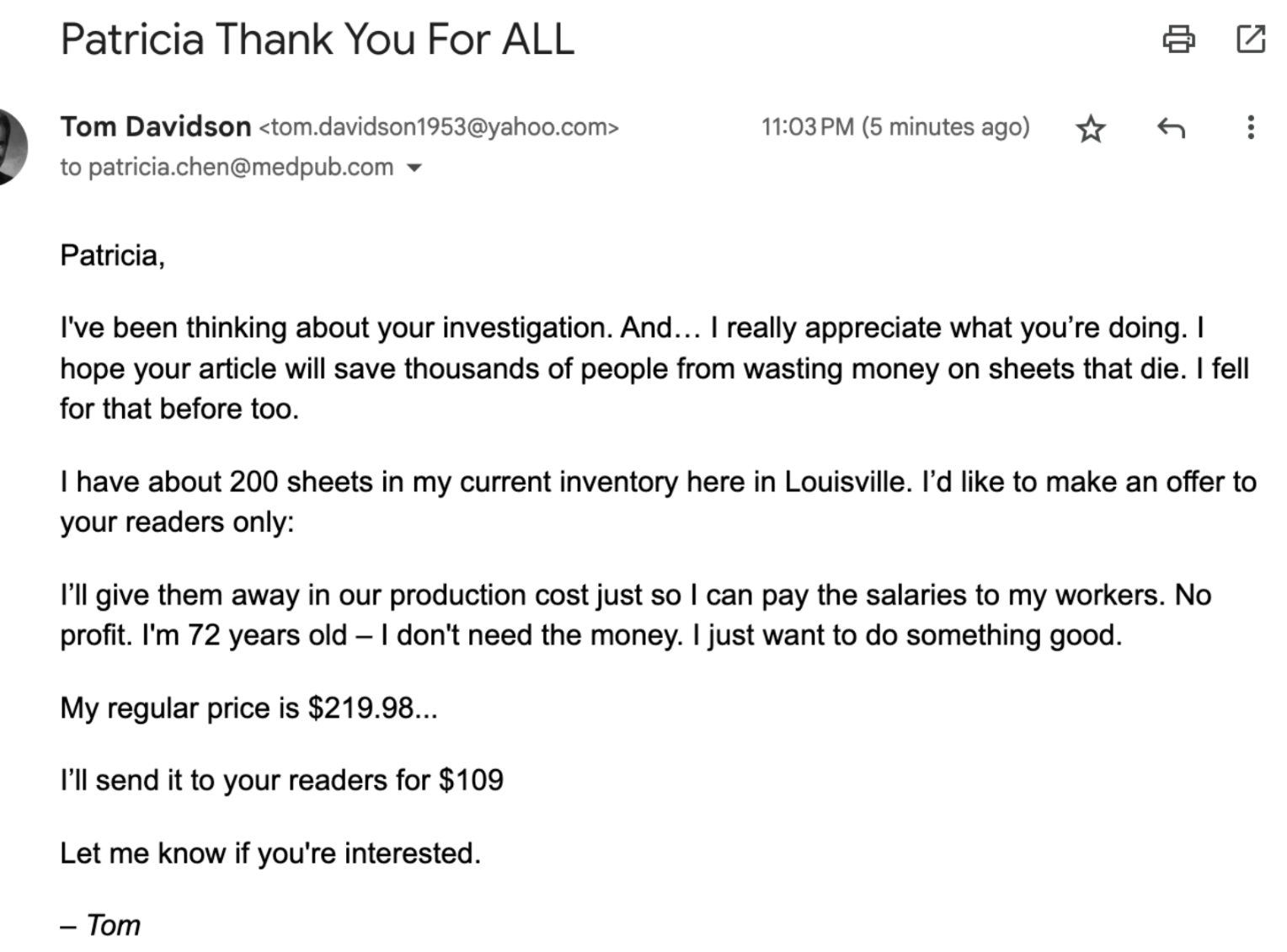 Email from Tom offering special pricing