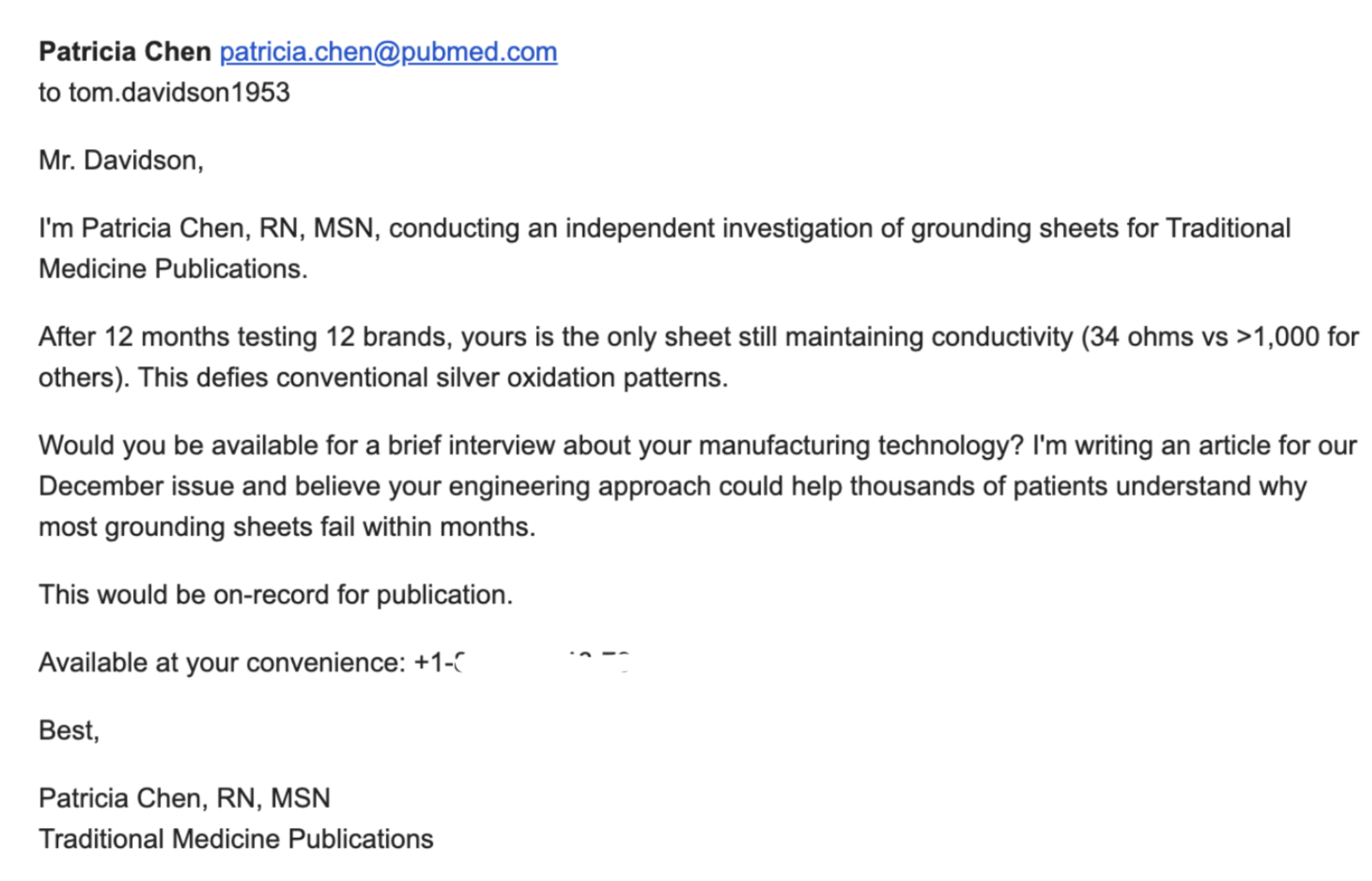 Email from Patricia to Tom Davidson